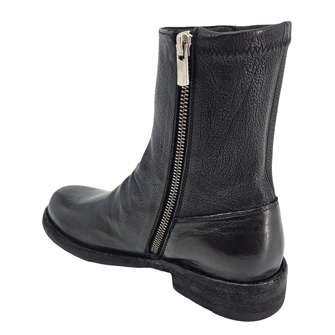 Black leather ankle boot with full side zipper and low sole