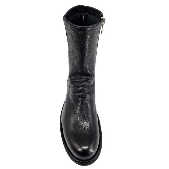 Black leather ankle boot back view with side zipper and padded collar
