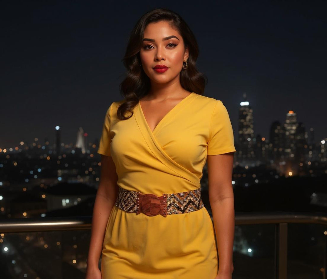 Yellow wrap V-neck dress with wide gold chevron belt
