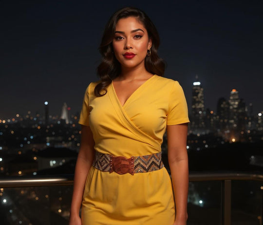 Yellow wrap V-neck dress with wide gold chevron belt