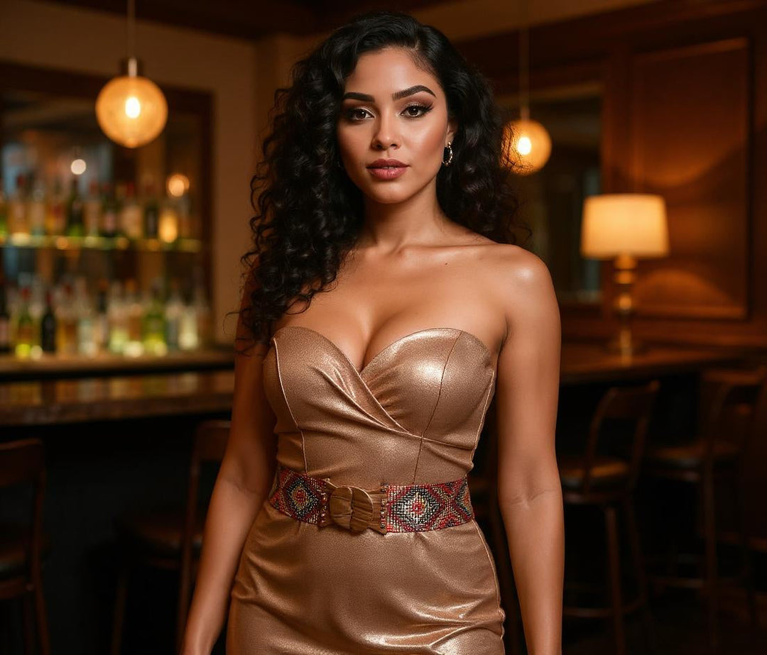 Red Opus metallic strapless dress with patterned waist belt
