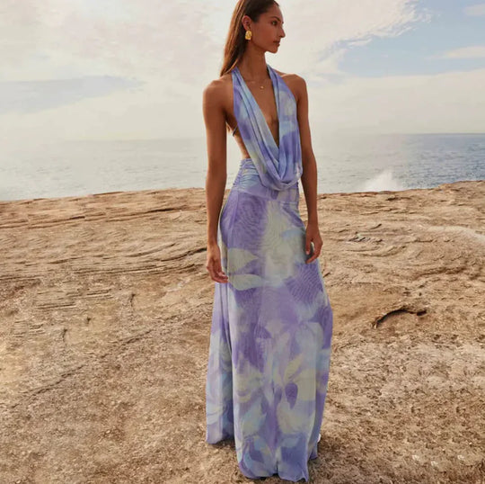 Tie-dye halter backless maxi dress set, purple and lilac swirl pattern