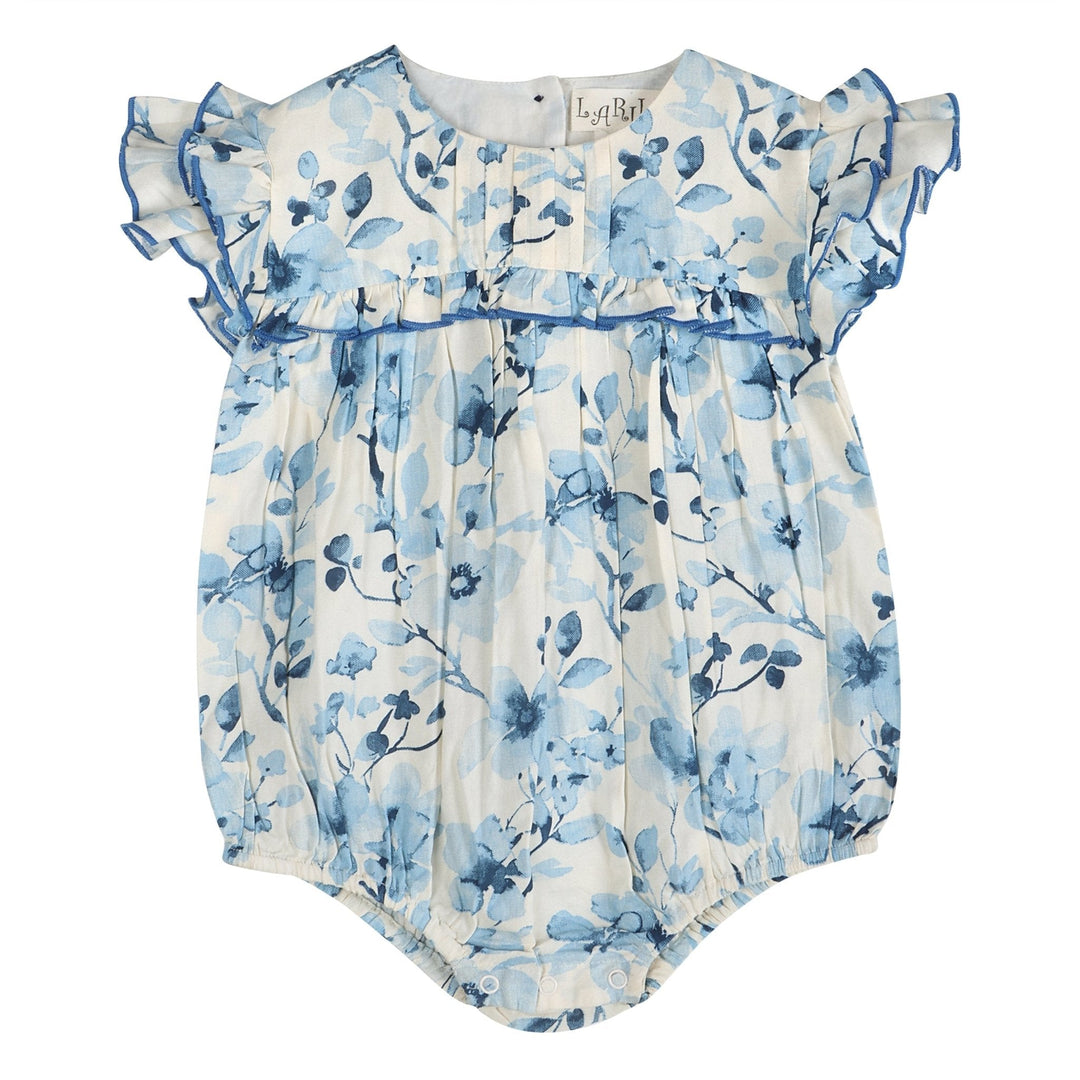 Periwinkle blue floral girl romper with ruffled flutter sleeves and gathered waist