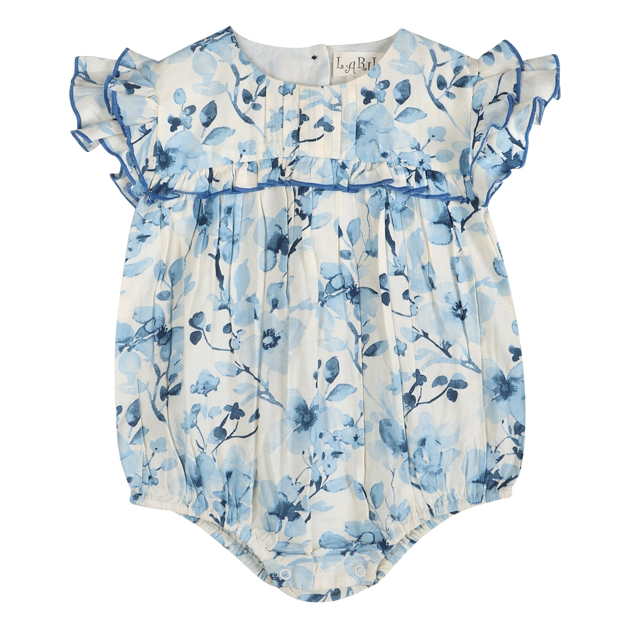 Periwinkle blue floral girl romper with ruffled flutter sleeves and gathered waist