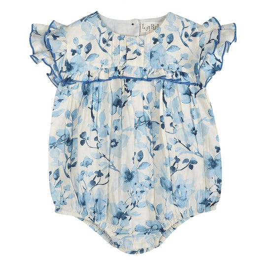 Periwinkle blue floral girl romper with ruffled flutter sleeves and gathered waist