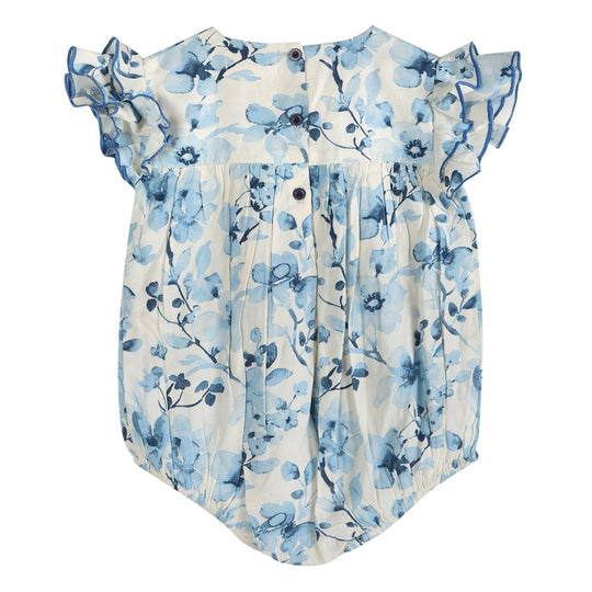 Periwinkle blue floral girl romper back with button placket and elastic ruffled cuffs