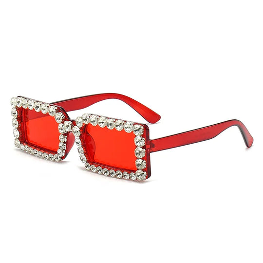 Square rhinestone sunglasses with transparent red frame and red-tinted lenses