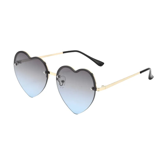 Heart-shaped half-rim sunglasses, side view, light blue-tinted lenses with black frame