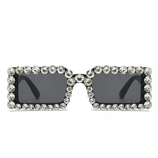 Pair of rhinestone-trim square sunglasses with bright black frame and dark lenses