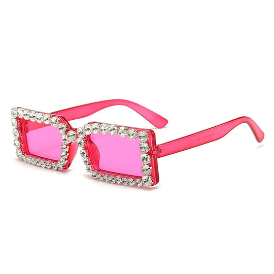 Side view rhinestone square sunglasses, rose pink frame and pink-tinted lenses