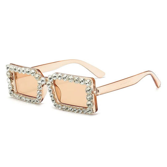 Square rhinestone sunglasses with transparent tea frame and light beige lenses