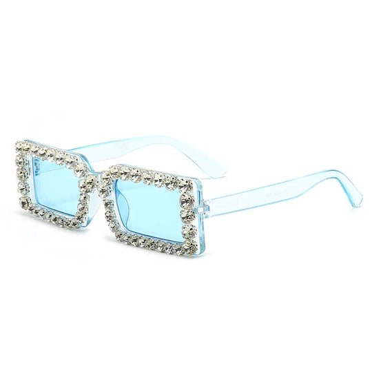 Square rhinestone sunglasses with transparent blue frame and light blue lenses