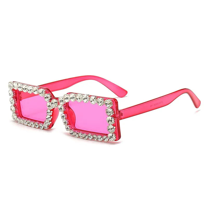 Square rhinestone sunglasses with rose pink frame and pink-tinted lenses