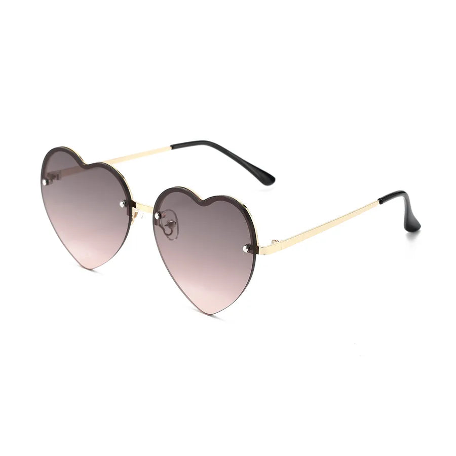 Heart-shaped half-rim sunglasses, side view, purple-tinted lenses and black frame