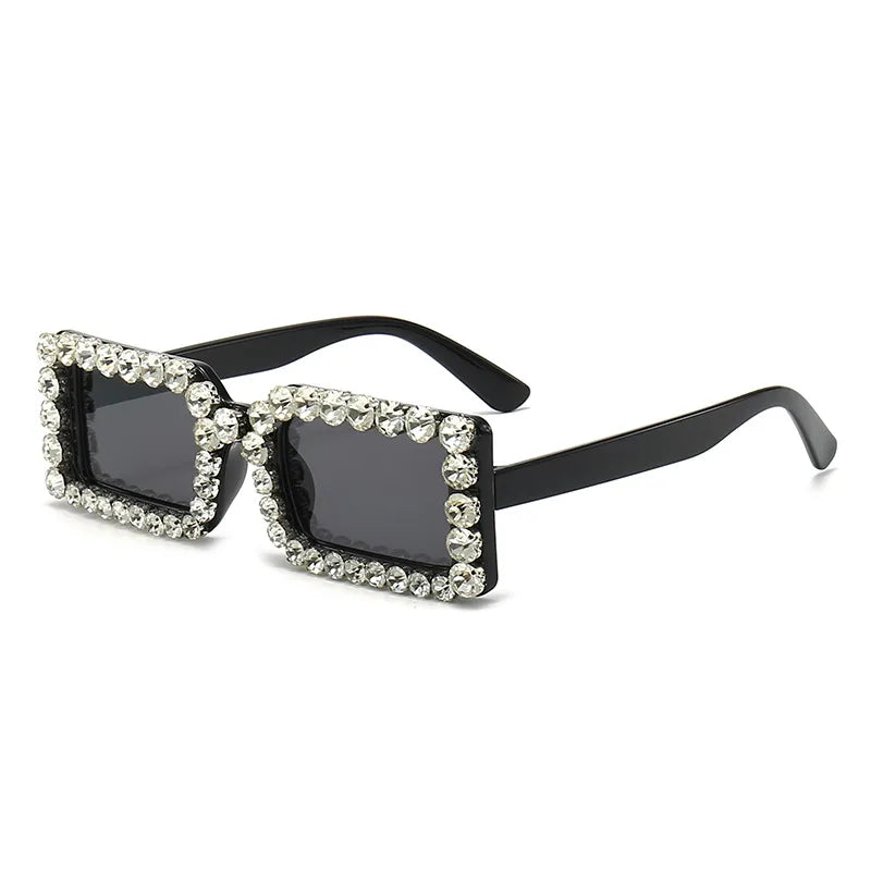 Side view rhinestone square sunglasses, bright black frame and dark lenses