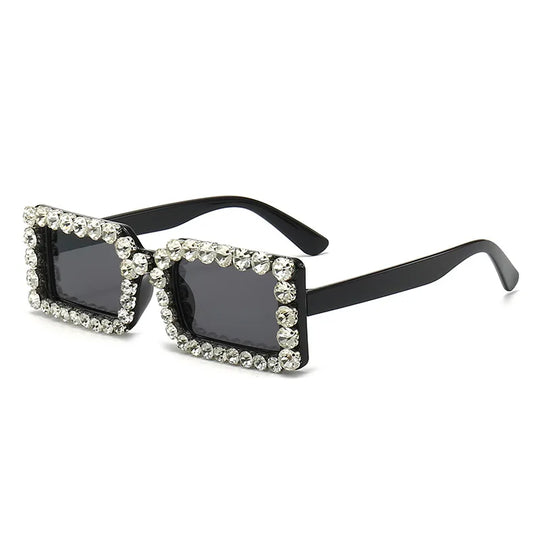 Side view rhinestone square sunglasses, bright black frame and dark lenses