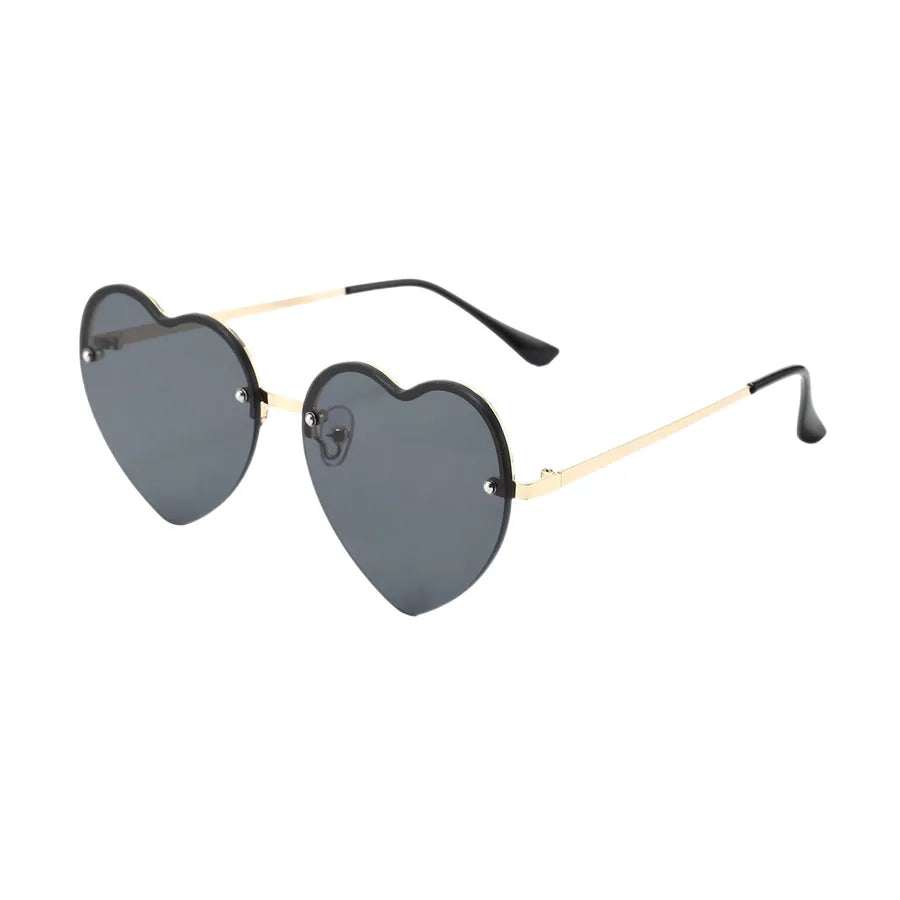 Heart-shaped half-rim sunglasses, side view, dark lenses with black temple tips