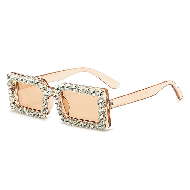 Square rhinestone sunglasses with transparent tea frame and light lenses, rose-gold tone