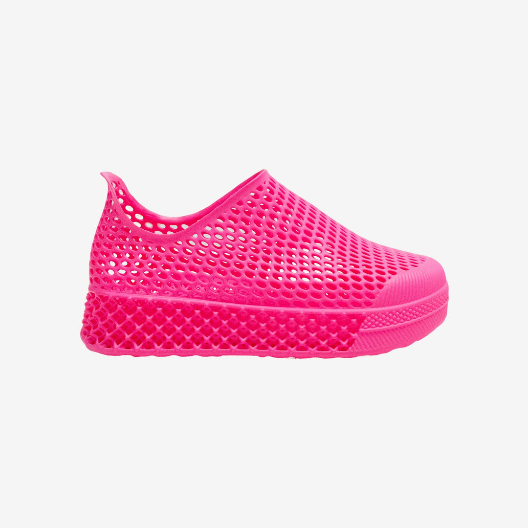 Pink 3D printed kids slip-on shoe with perforated mesh upper and thick textured sole