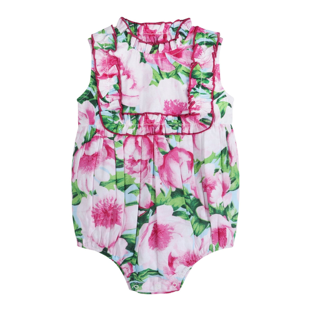Pink peony floral ruffled girl romper, sleeveless with elastic neckline