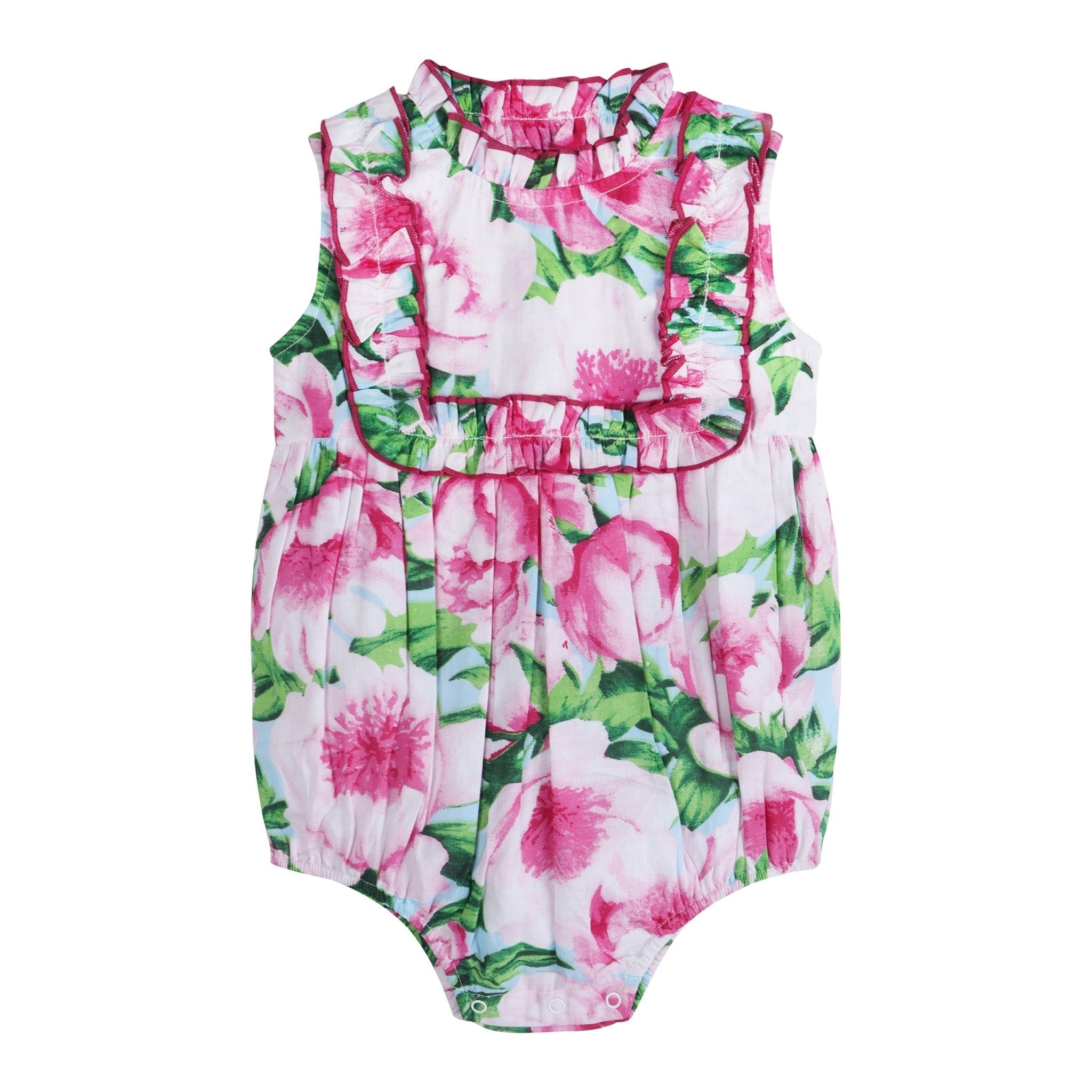 Pink peony floral ruffled girl romper, sleeveless with elastic neckline
