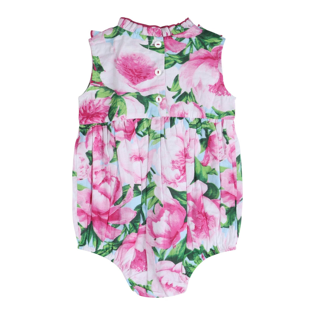 Pink peony floral romper with button placket and tiered ruffle bodice