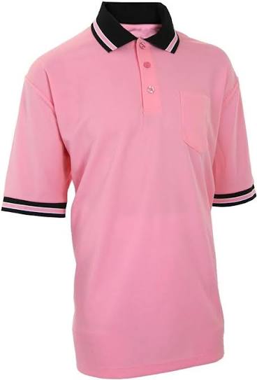 Pink umpire shirt with black collar stripes and button placket, short sleeves