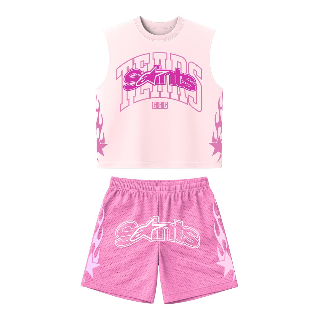 Pink mesh cut-off tank set with hot-pink logo and pink patterned shorts