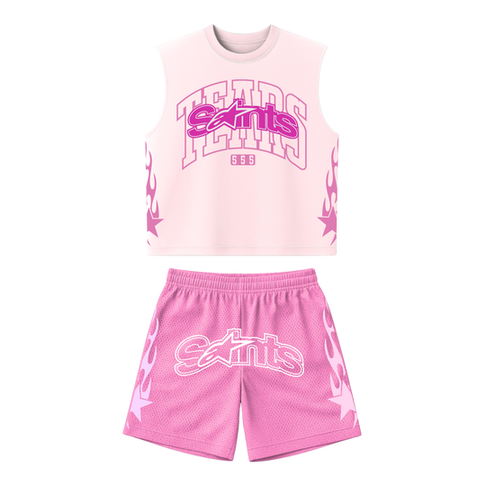 Pink mesh cut-off tank set with hot-pink logo and pink patterned shorts