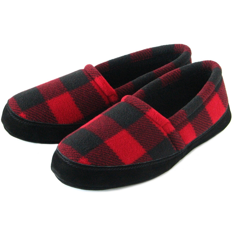 Men’s plaid moccasins in red and dark green with black slip-on sole