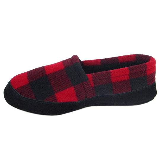 Men’s Lumberjack plaid moccasins, red-and-dark check pattern with black sidewall