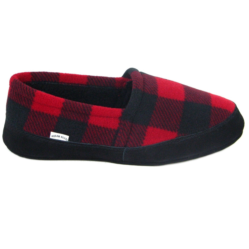 Men’s slip-on plaid mocs with cushioned look and elastic collar in red and dark