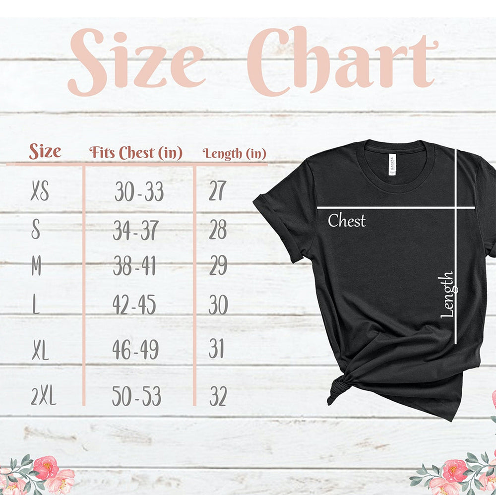 Black unisex T-shirt with size chart overlay for chest and length measurements
