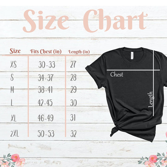 Black unisex T-shirt with size chart overlay for chest and length measurements