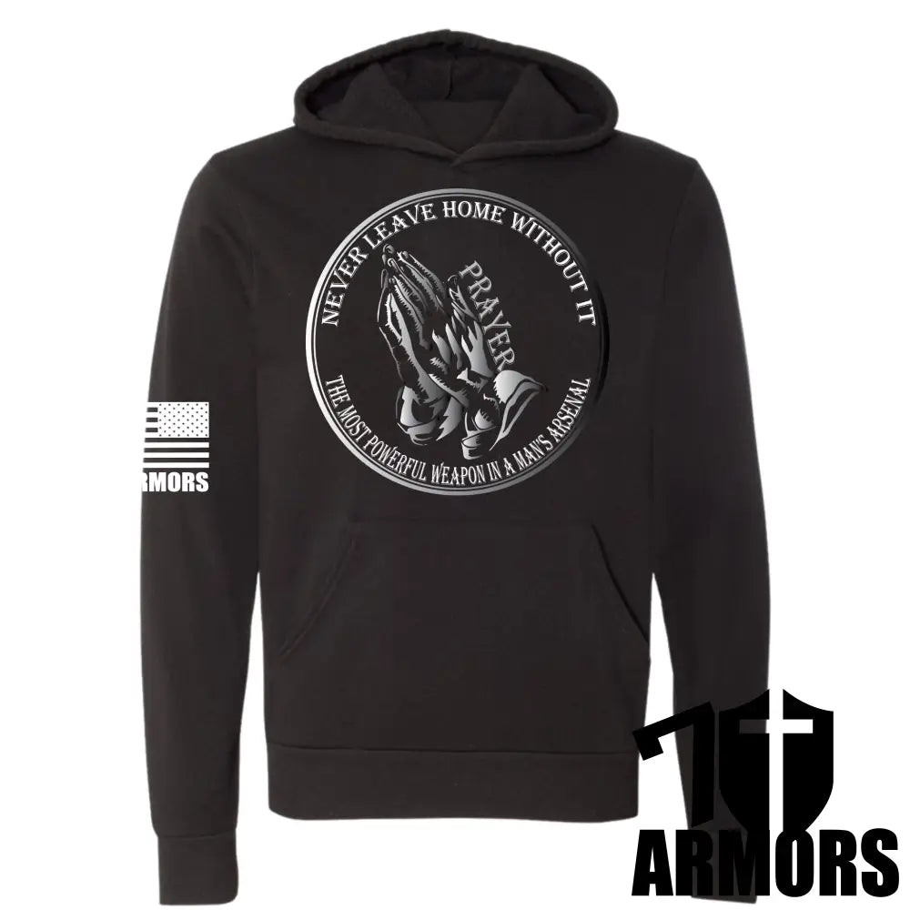 Black prayer hoodie with circular horse graphic and front pouch pocket