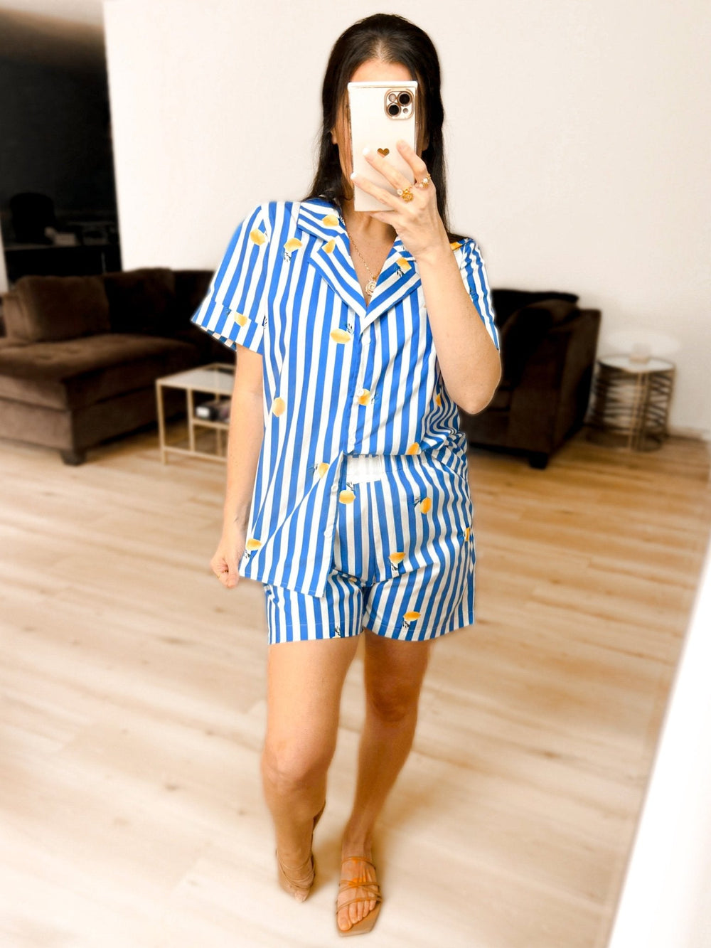 Lemon Drop striped two-piece set with short-sleeve button shirt and matching shorts