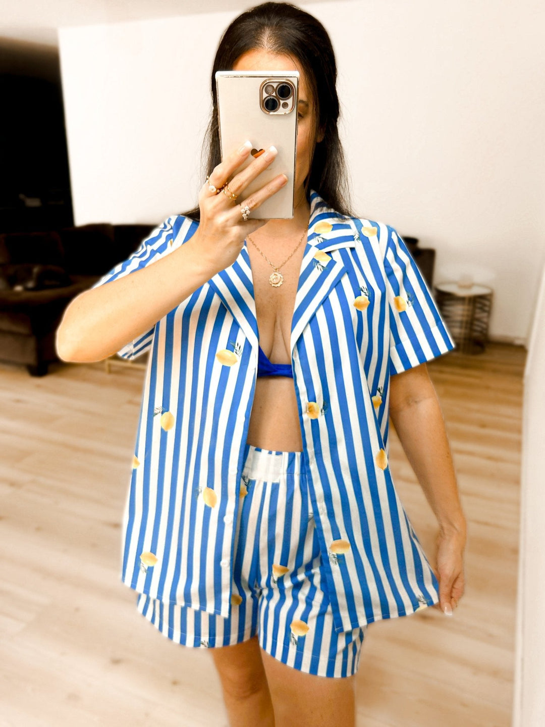 Lemon Drop coastal set: open-front striped shirt over blue bikini and striped shorts