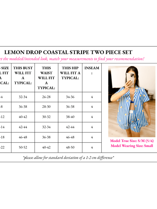 Size chart for Lemon Drop Coastal Stripe Two Piece Set, with bust and hip measurements