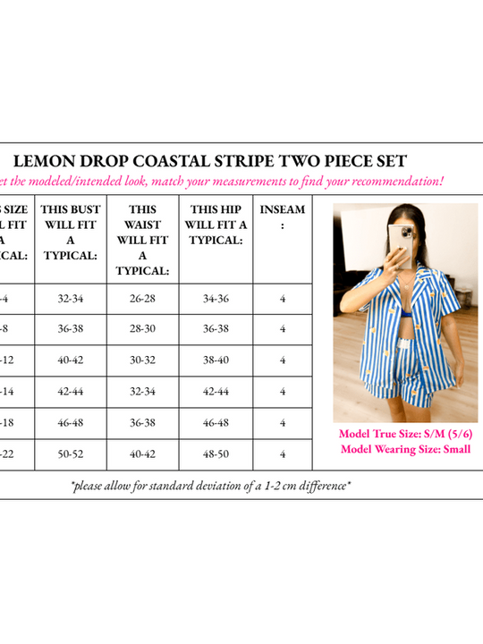 Size chart for Lemon Drop Coastal Stripe Two Piece Set, with bust and hip measurements