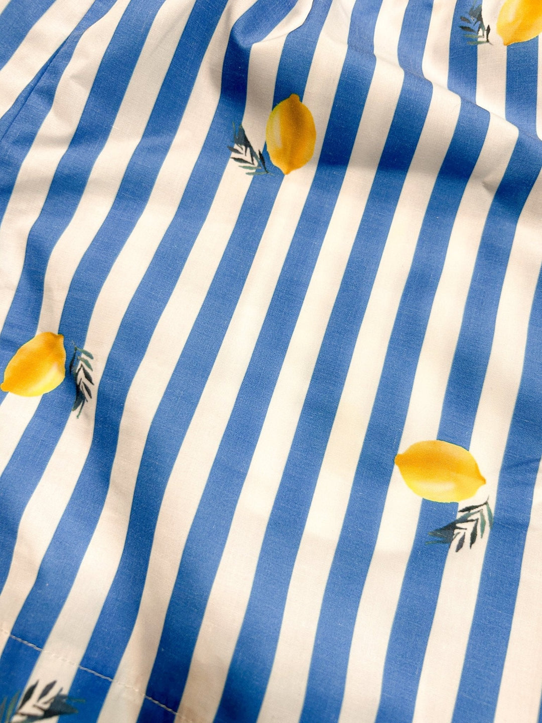 Close-up fabric: blue-and-white vertical stripes with small yellow lemon motifs