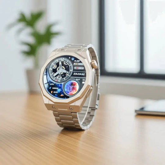 Smartwatch mit goldfarbenem Metallarmband und achteckigem Gehäuse, blaues Display mit Uhrzeit