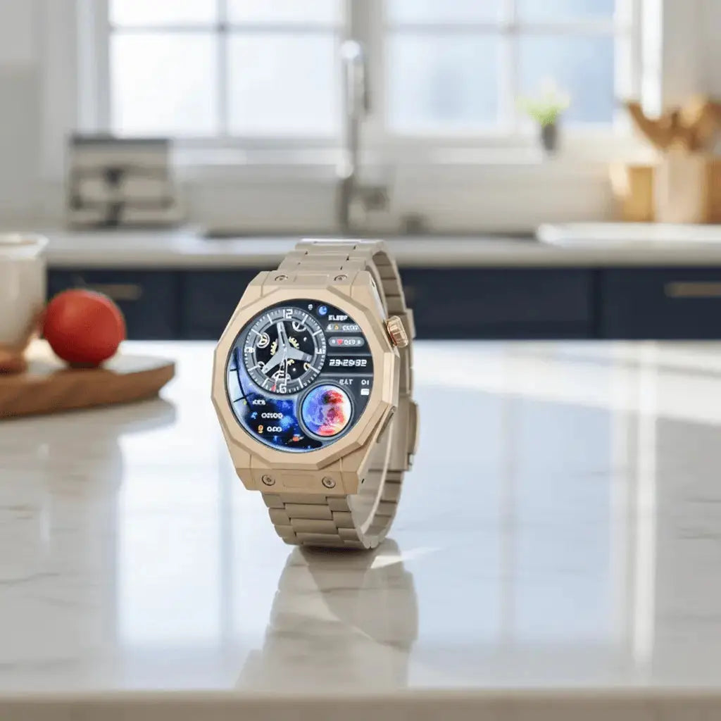 Smartwatch mit goldfarbenem Metallarmband und blauem Display, vordere Gehäuseansicht