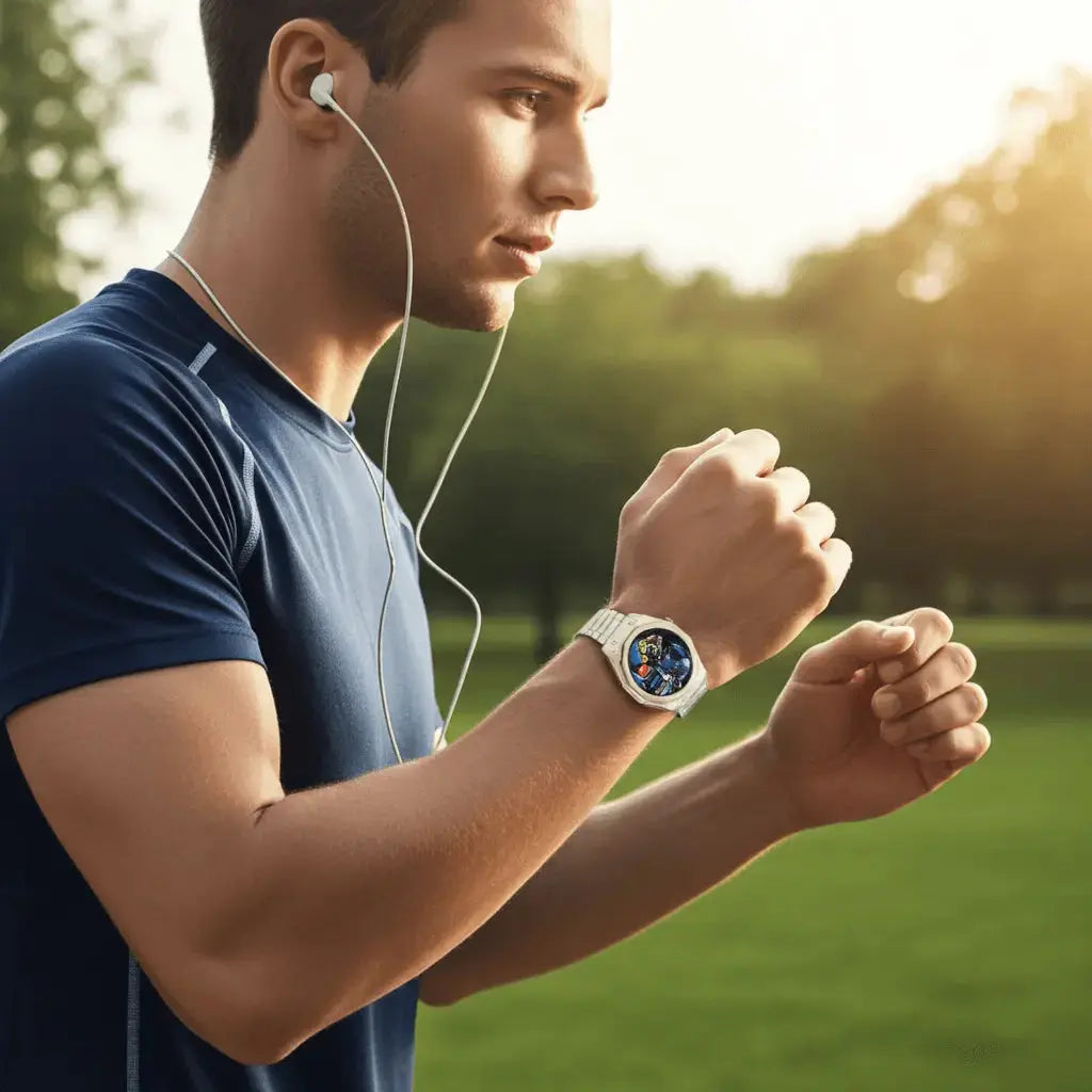 Smartwatch am Handgelenk mit goldfarbenem Metallarmband; blaues Display mit Statusanzeigen