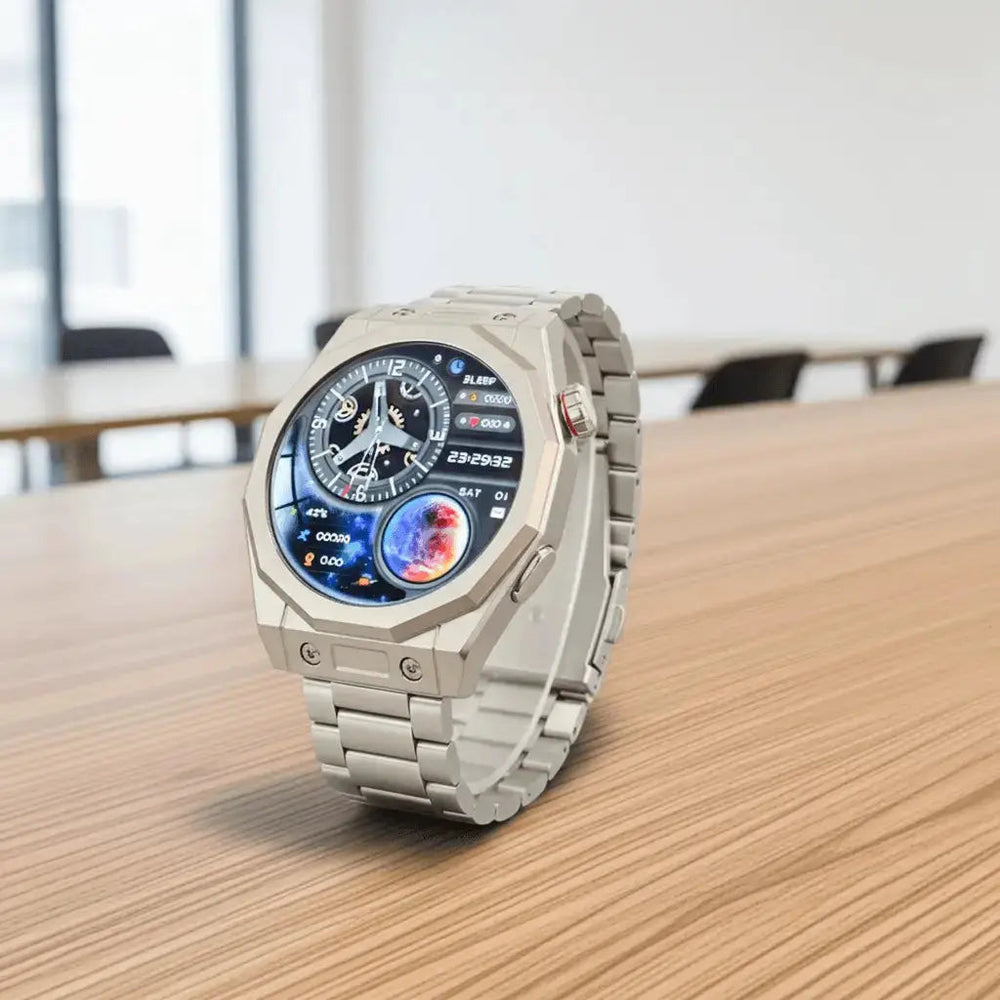 Dapper Watches Smartwatch mit goldfarbenem Metallarmband; blaues Display mit Uhrzeit-Widget