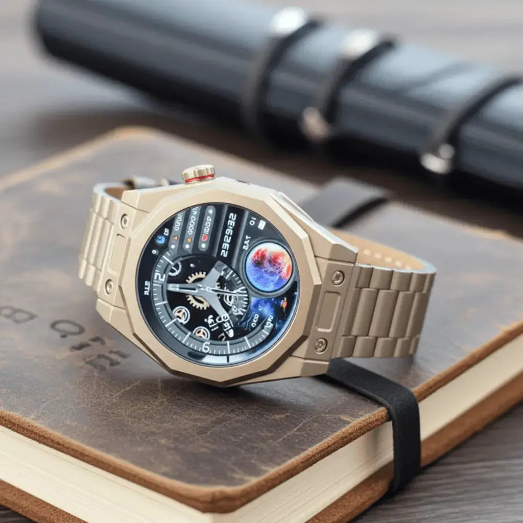 Smartwatch mit goldfarbenem Gehäuse und schwarzem Ziffernblatt; blaues Planeten-Display