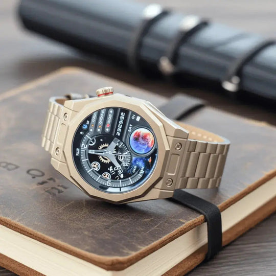 Smartwatch mit goldfarbenem Gehäuse und schwarzem Ziffernblatt; blaues Planeten-Display