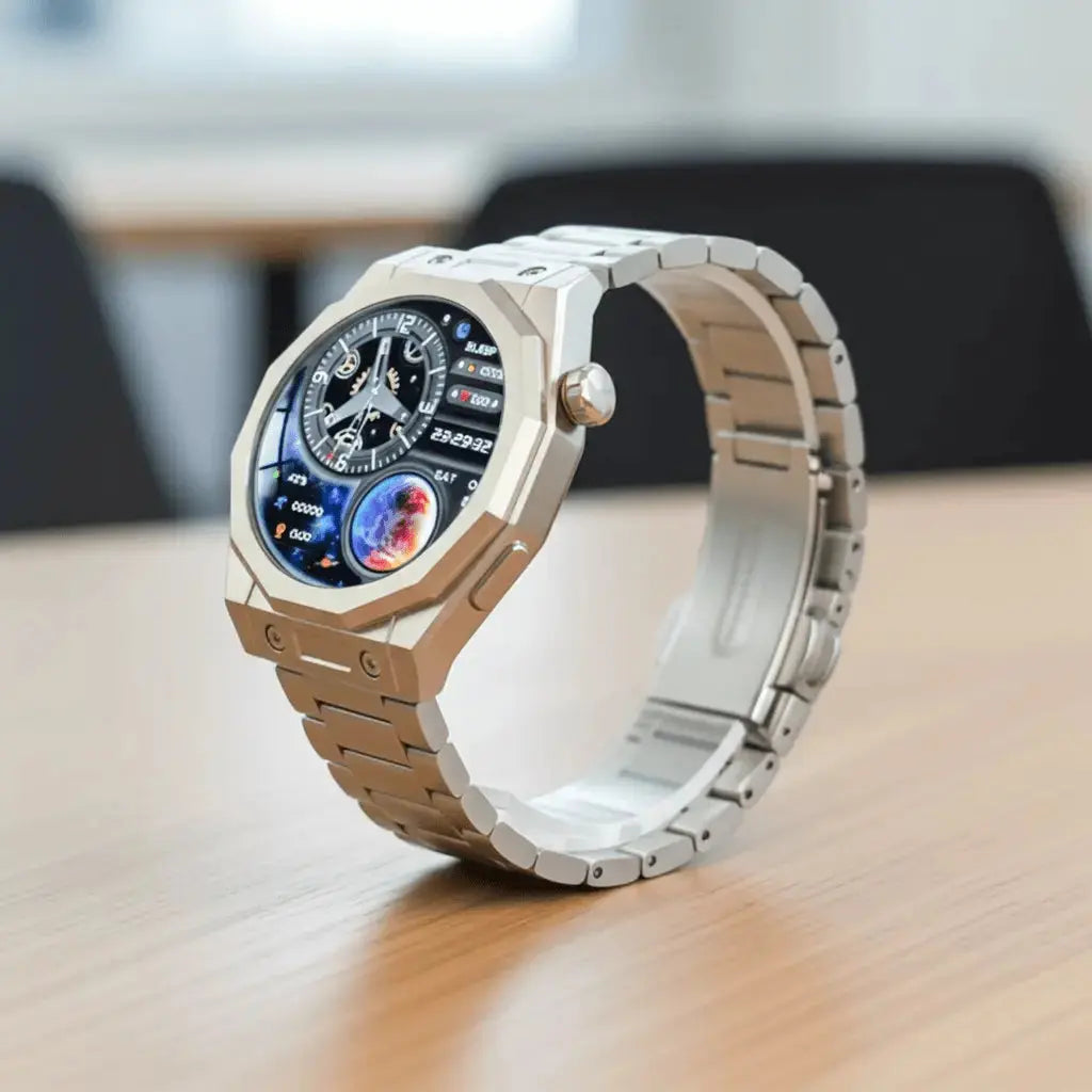 Smartwatch mit goldfarbenem Gehäuse in Seitenansicht, Metallgliederarmband und Krone