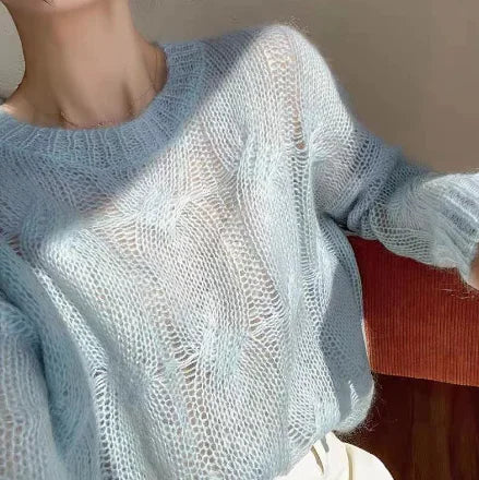 Light blue hollow knit pullover sweater—close-up of openwork texture and ribbed cuffs