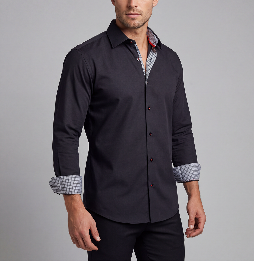 Black button-up knit-stretch shirt, tailored fit; contrast grid collar and cuffs.