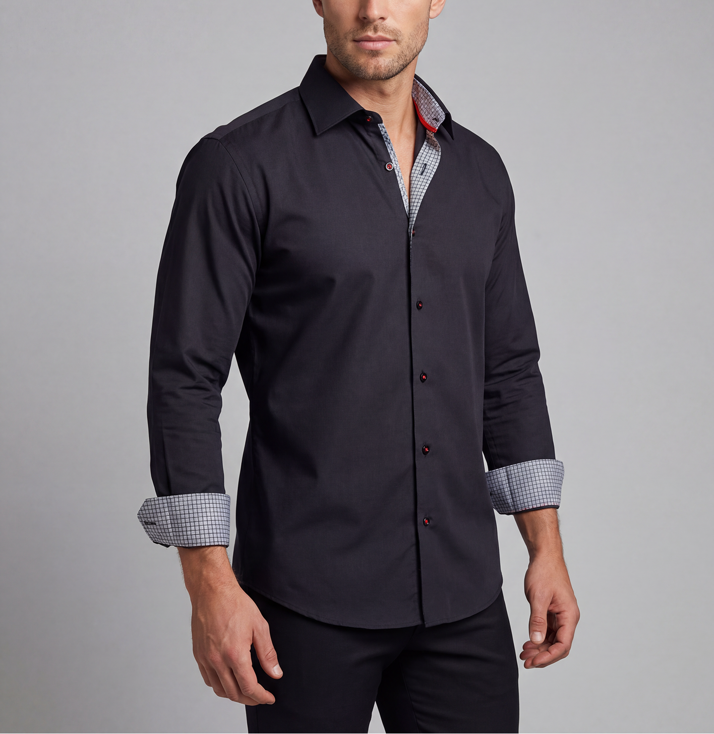 Black button-up knit-stretch shirt, tailored fit; contrast grid collar and cuffs.